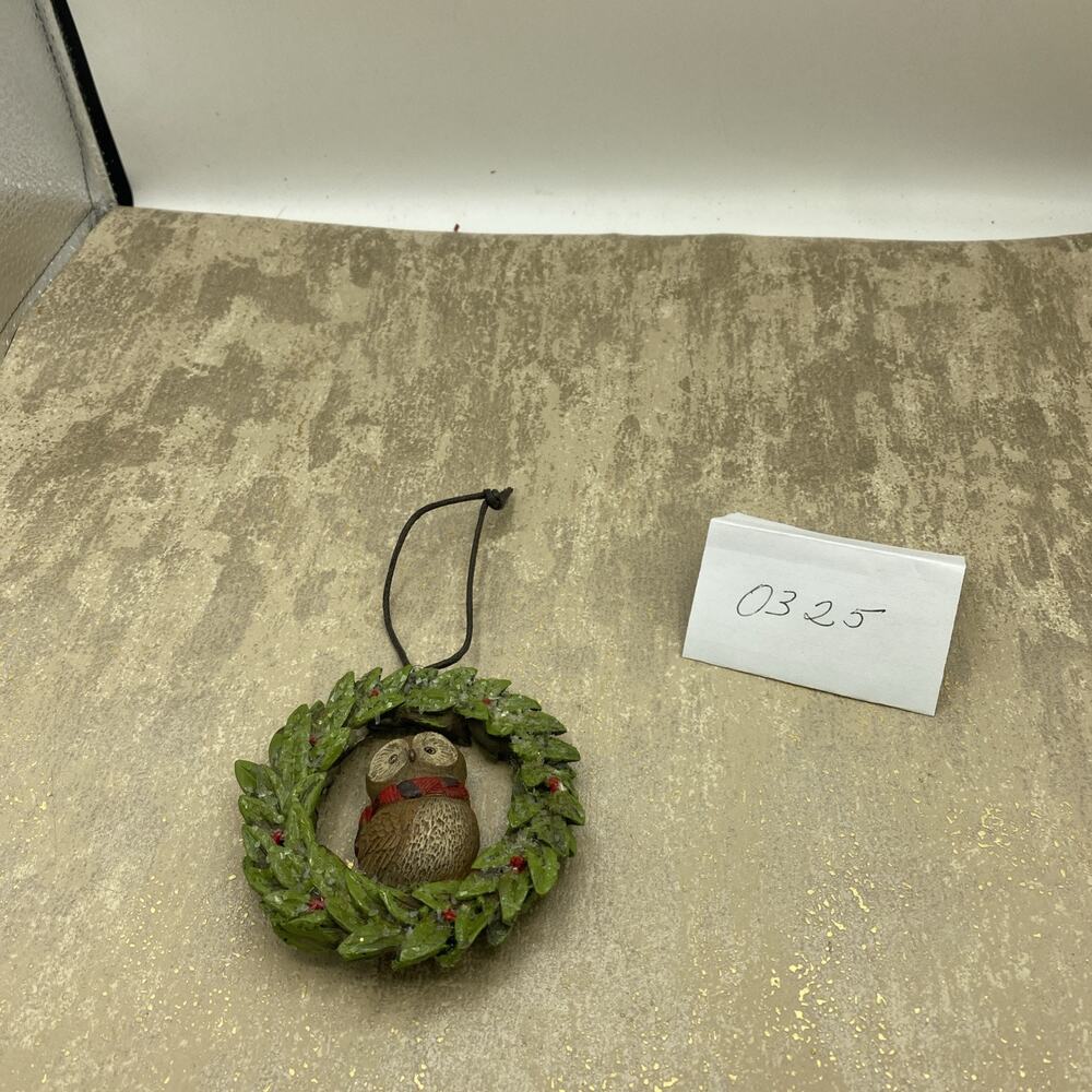 Owl in Sparkling Wreath w/Berries Ornament 3.75”
